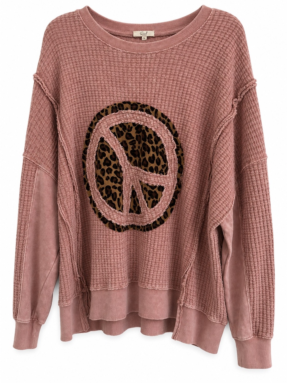 🌺 Easel Leopard Peace Sign Waffle Knit Oversized Top Pink - Picture 2 of 3